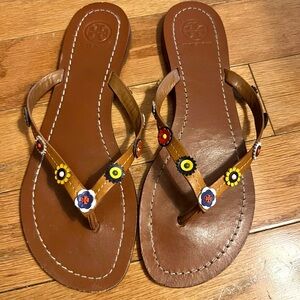 Tory Burch Marguerite Terra Tan Sandals with Floral Accents EUC